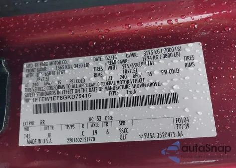 2016 Ford F-150 Xlt z USA, uszkodzony, nr VIN 1FTEW1EF8GKD75415